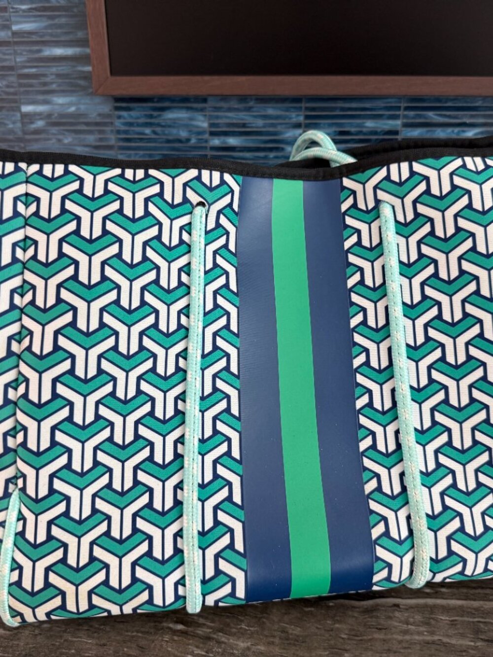 Tote Bag with Matching Zip Pouch – Blue, Green & White
